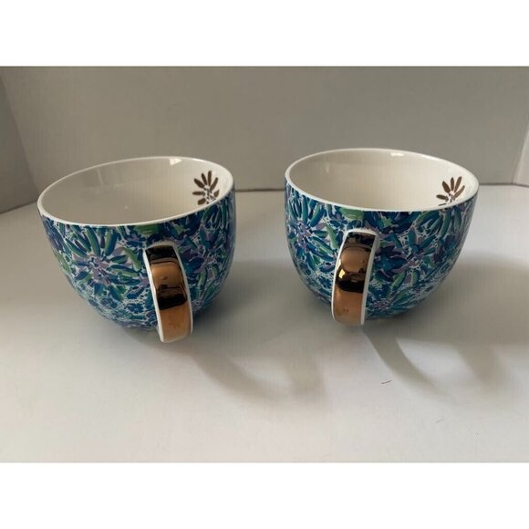 LILLY PULITZER Hidden Cat Floral Set of 2 Coffee Mug 12 oz Blue Purple Gold Trim - Picture 2 of 7